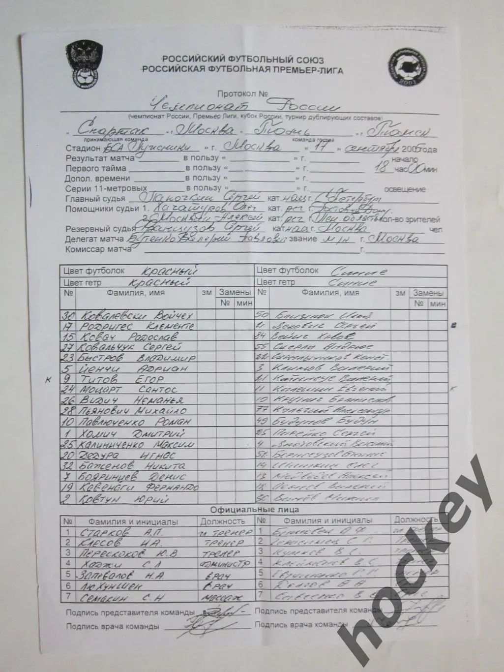 Спартак Москва Томь Томск 17 09 2005 Стартовый протокол