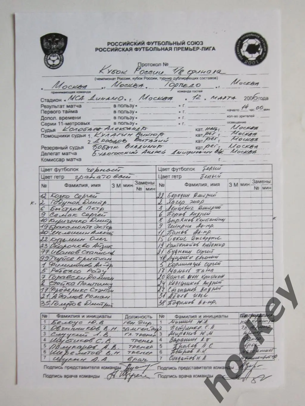Москва Москва - Торпедо Москва 12.03.2006. Стартовый протокол. 1/8 Кубка России