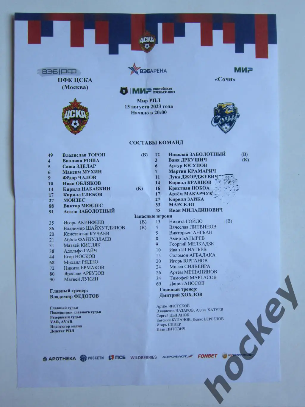ЦСКА Москва - ФК Сочи Сочи 13.08.2023. Стартовый лист