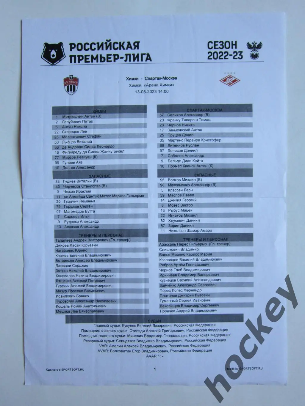 ФК Химки - Спартак Москва 13.05.2023. Стартовый лист