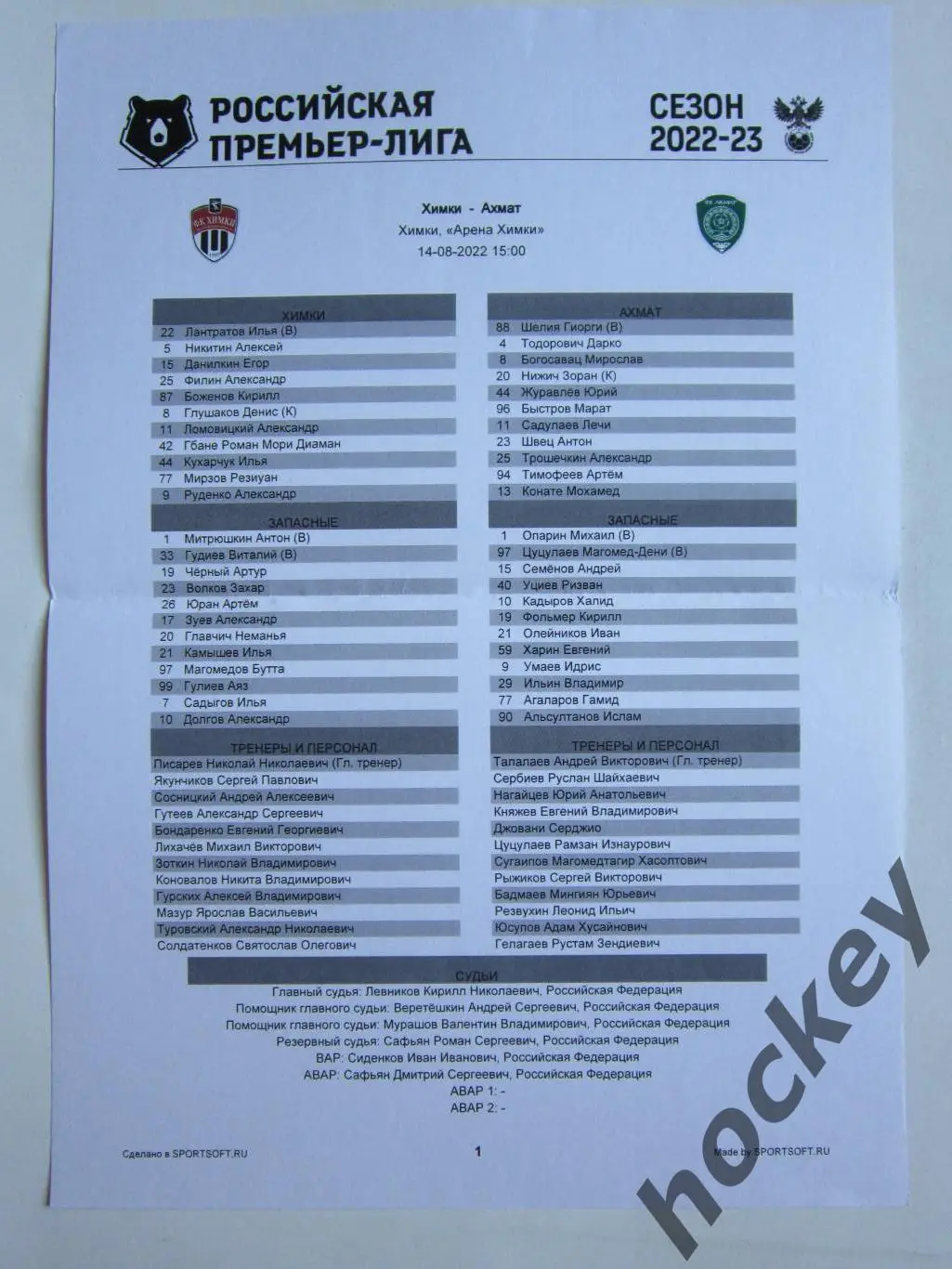 ФК Химки - Ахмат Грозный 14.08.2022. Стартовый лист