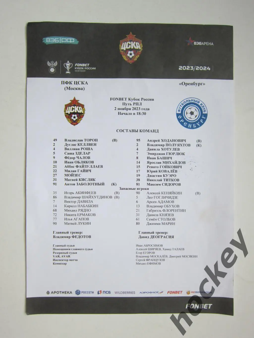 ЦСКА Москва - Оренбург 2.11.2023. Стартовый лист