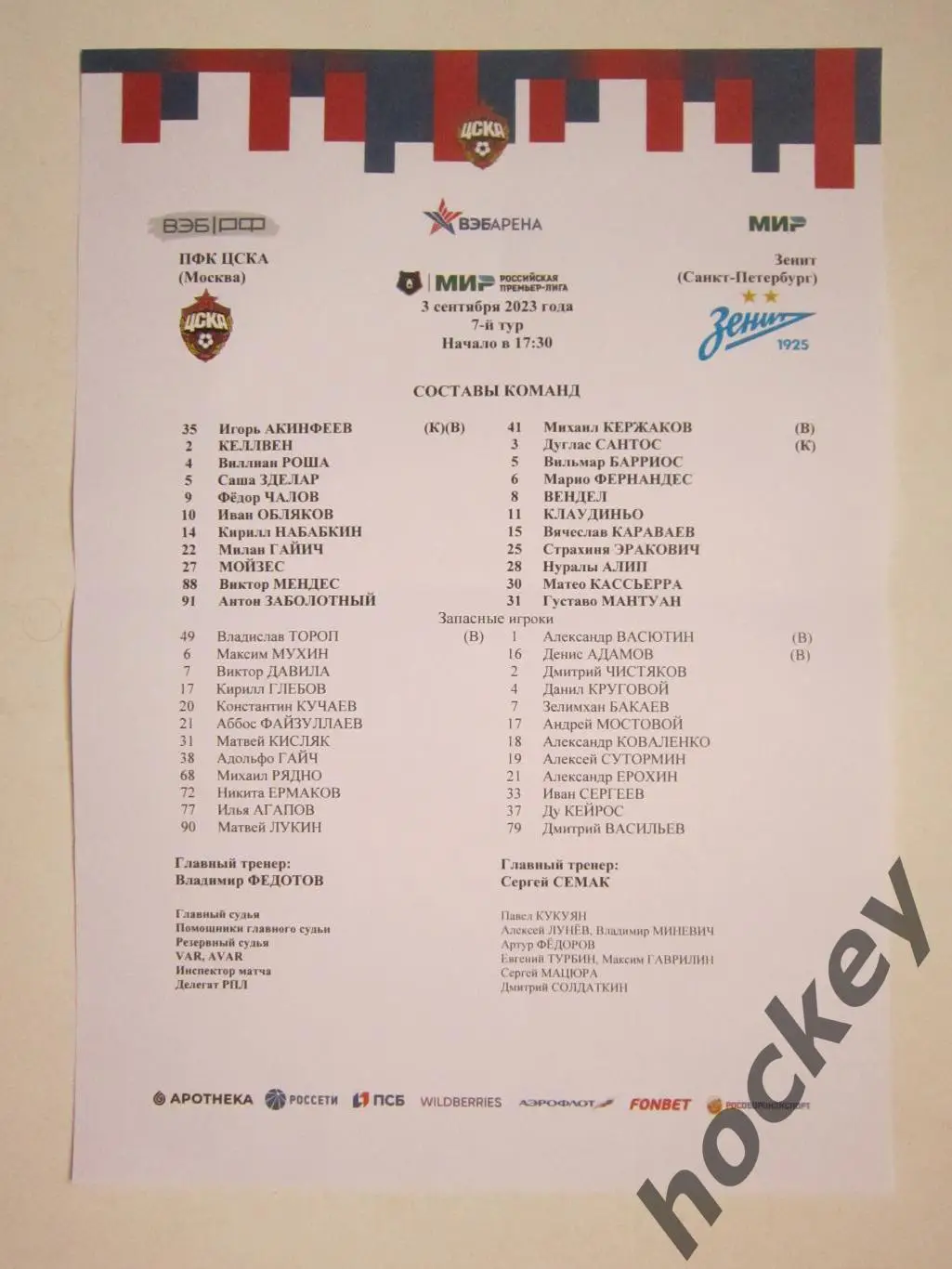 ЦСКА Москва - Зенит Санкт-Петербург 3.09.2023. Стартовый лист
