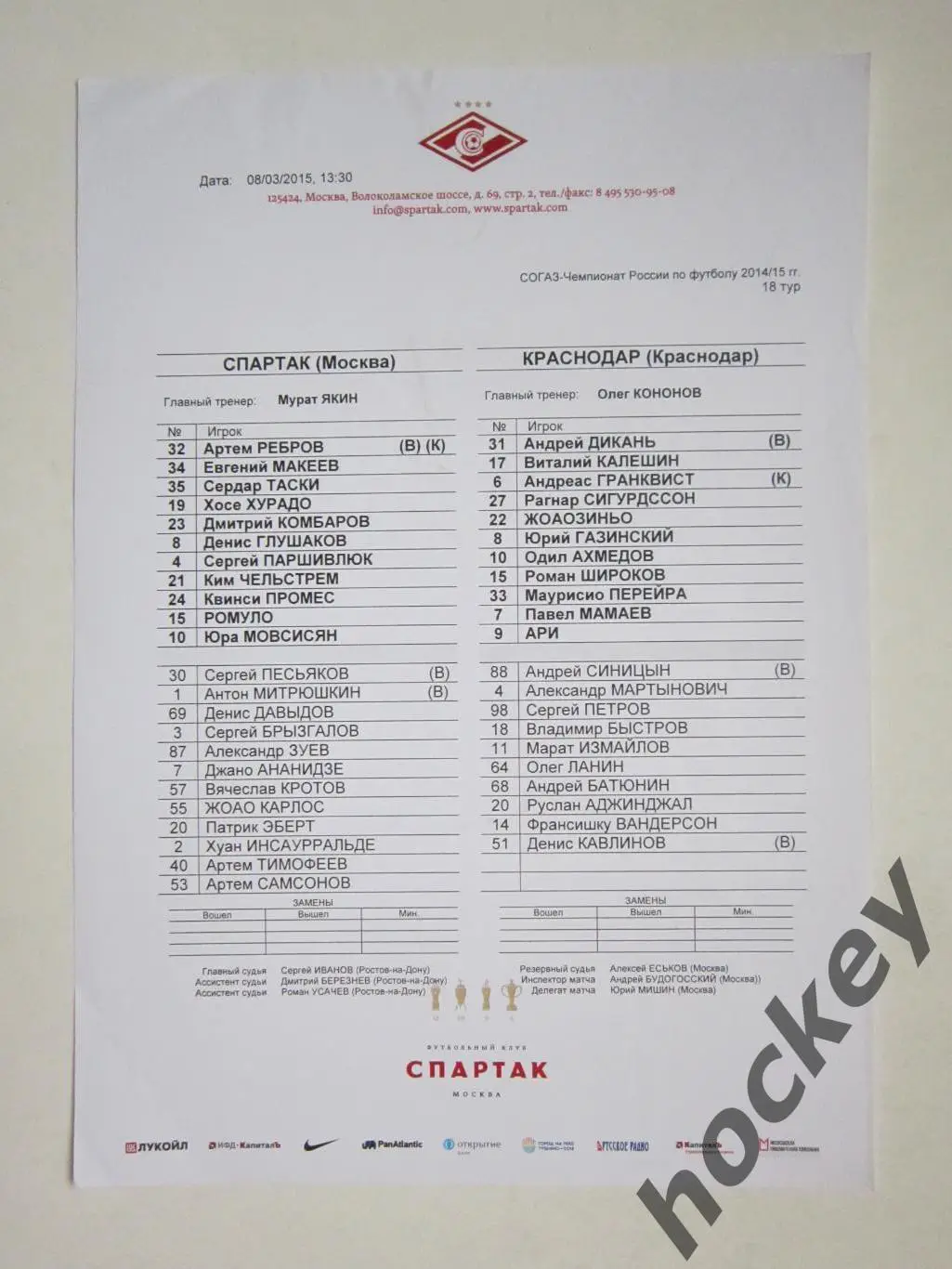 Спартак Москва - Краснодар Краснодар 8.03.2015. Стартовый протокол