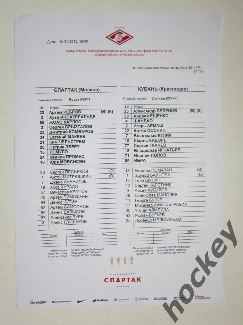 Спартак Москва - Кубань Краснодар 4.04.2015. Стартовый протокол