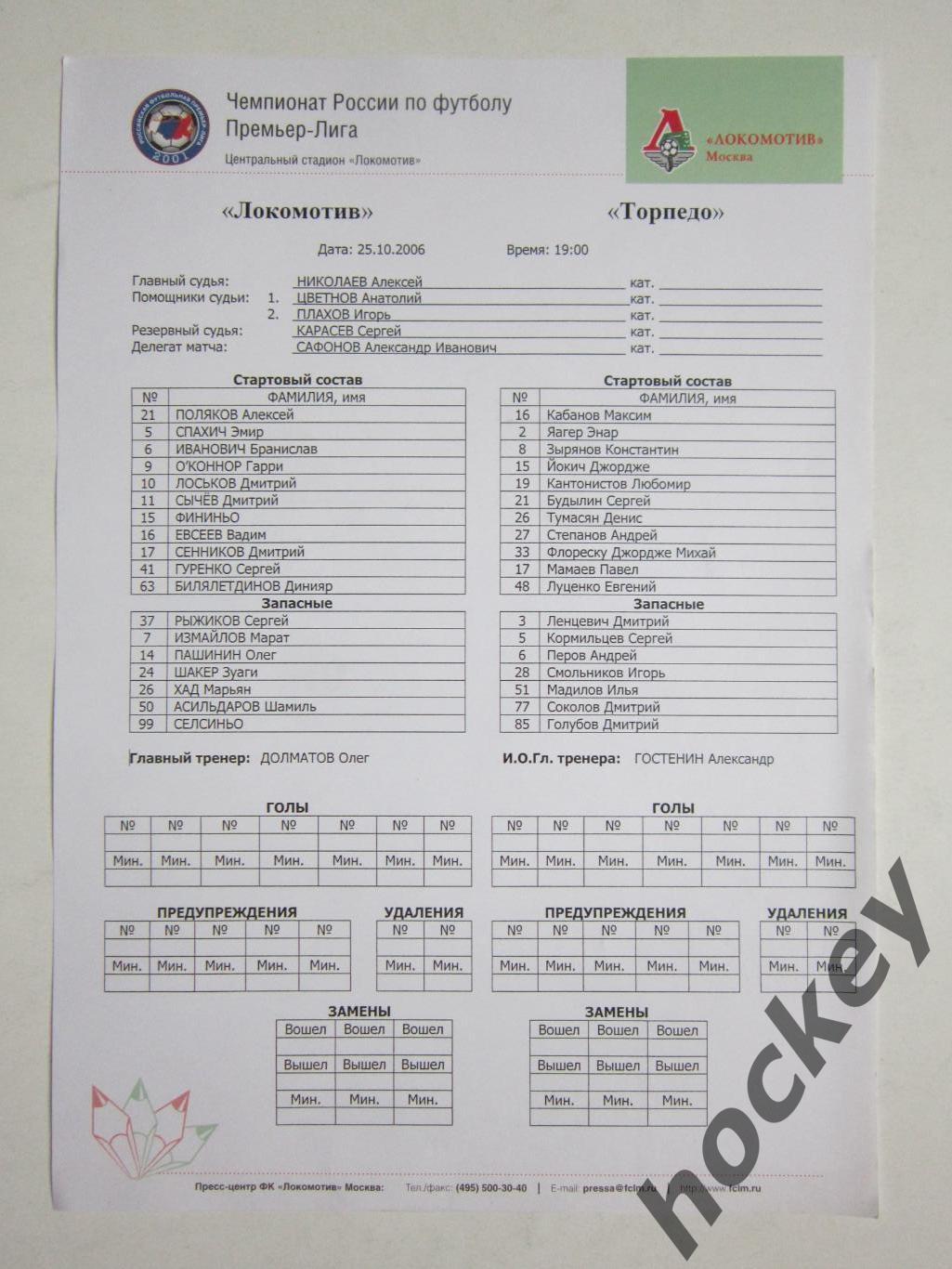 Локомотив Москва - Торпедо Москва 25.10.2006. Стартовый протокол