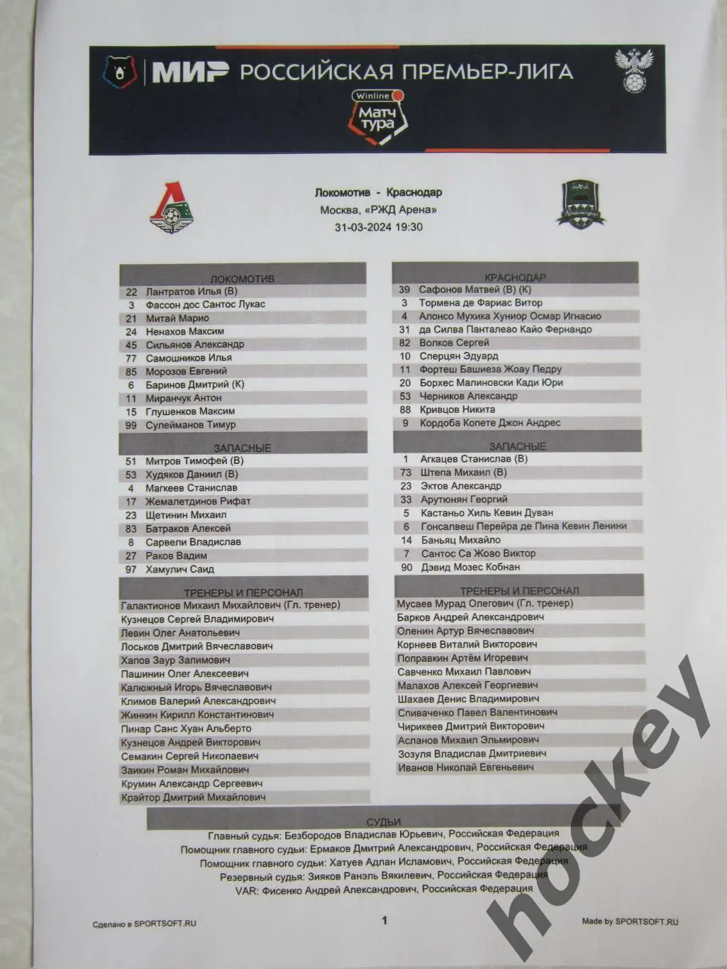 Локомотив Москва - Краснодар 31.03.2024. Стартовый лист