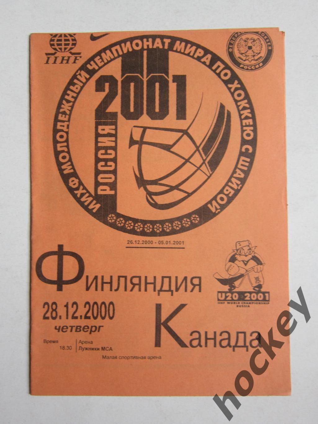 Финляндия - Канада 28.12.2000. Молодежный чемпионат мира-2001. Москва.