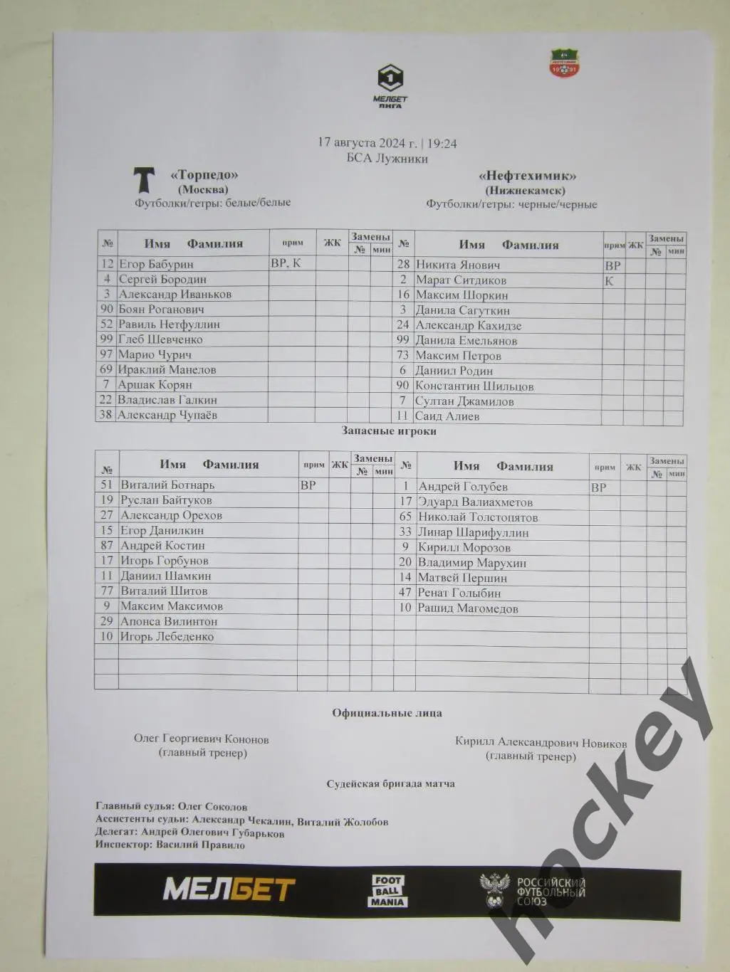 Торпедо Москва - Нефтехимик Нижнекамск 17.08.2024. Стартовый лист