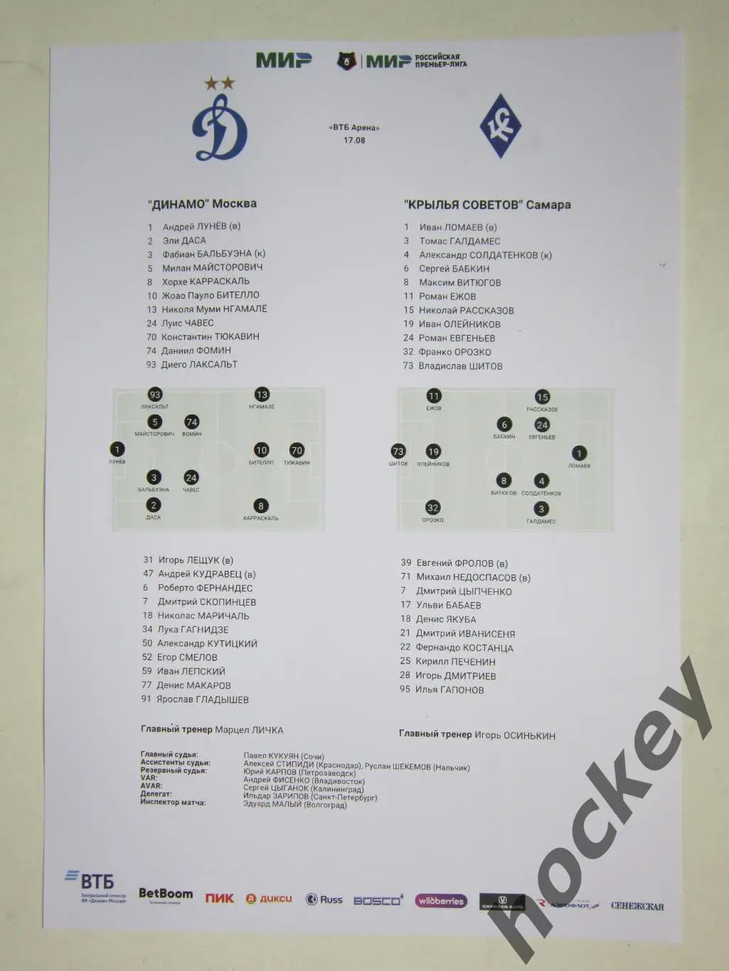 Динамо Москва - Крылья Советов Самара 17.08.2024. Стартовый лист.