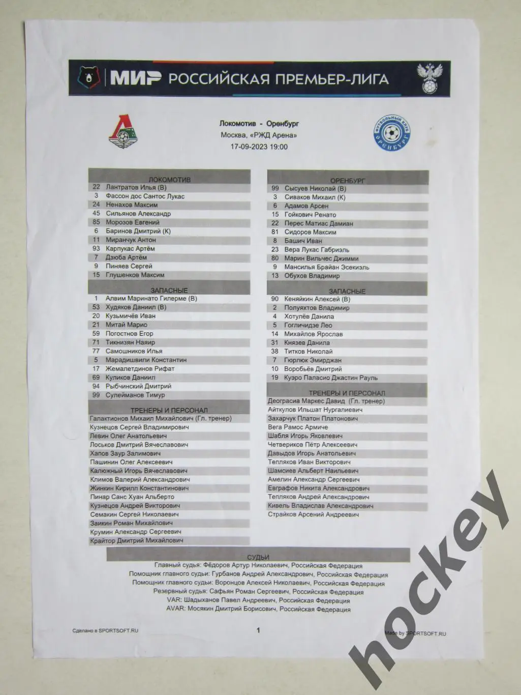 Локомотив Москва - ФК Оренбург Оренбург 17.09.2023. Стартовый лист.