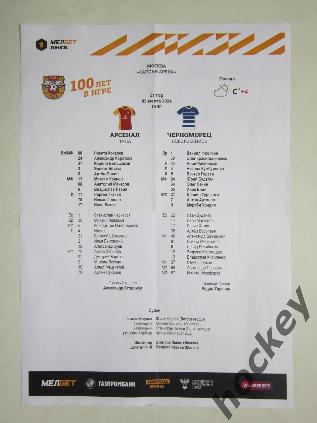 Арсенал Тула - Черноморец Новороссийск 3.03.2024. Стартовый лист.