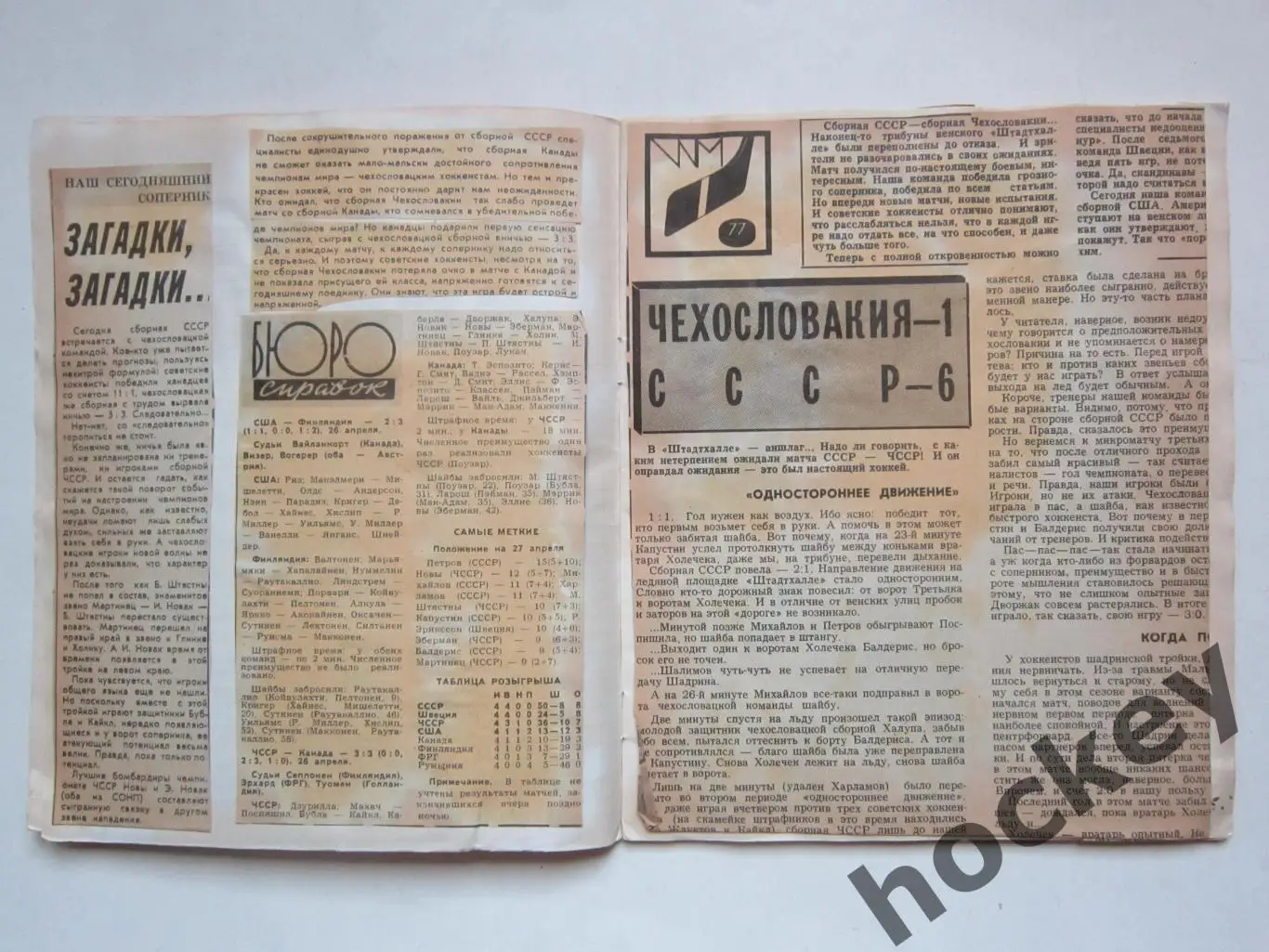 Чемпионат мира - 77 (хоккей). Тетрадь с вырезками из газет. Цифры, таблица. ч.1 2