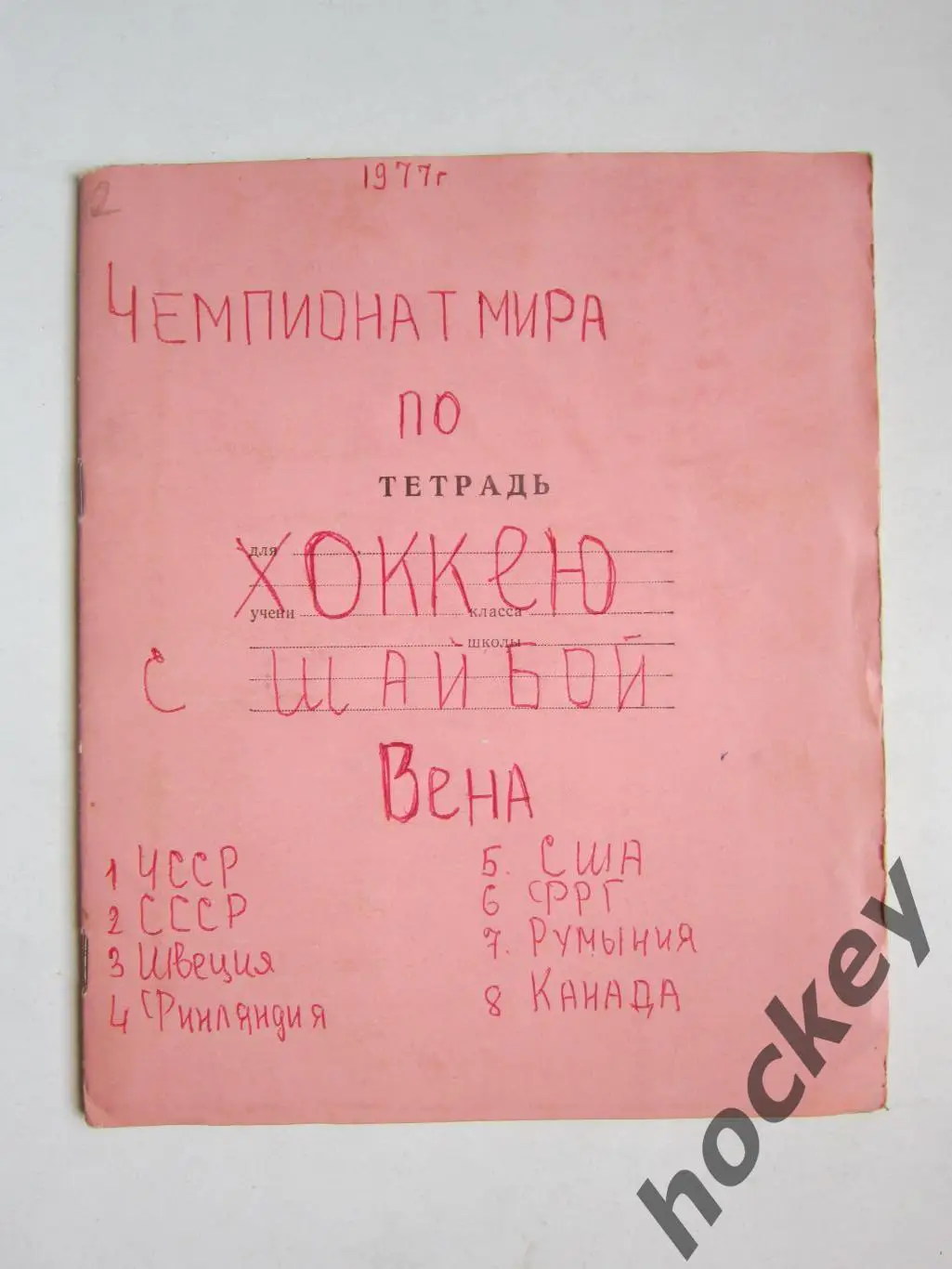 Чемпионат мира - 77 (хоккей). Тетрадь с вырезками из газет. Цифры, таблица. ч.1