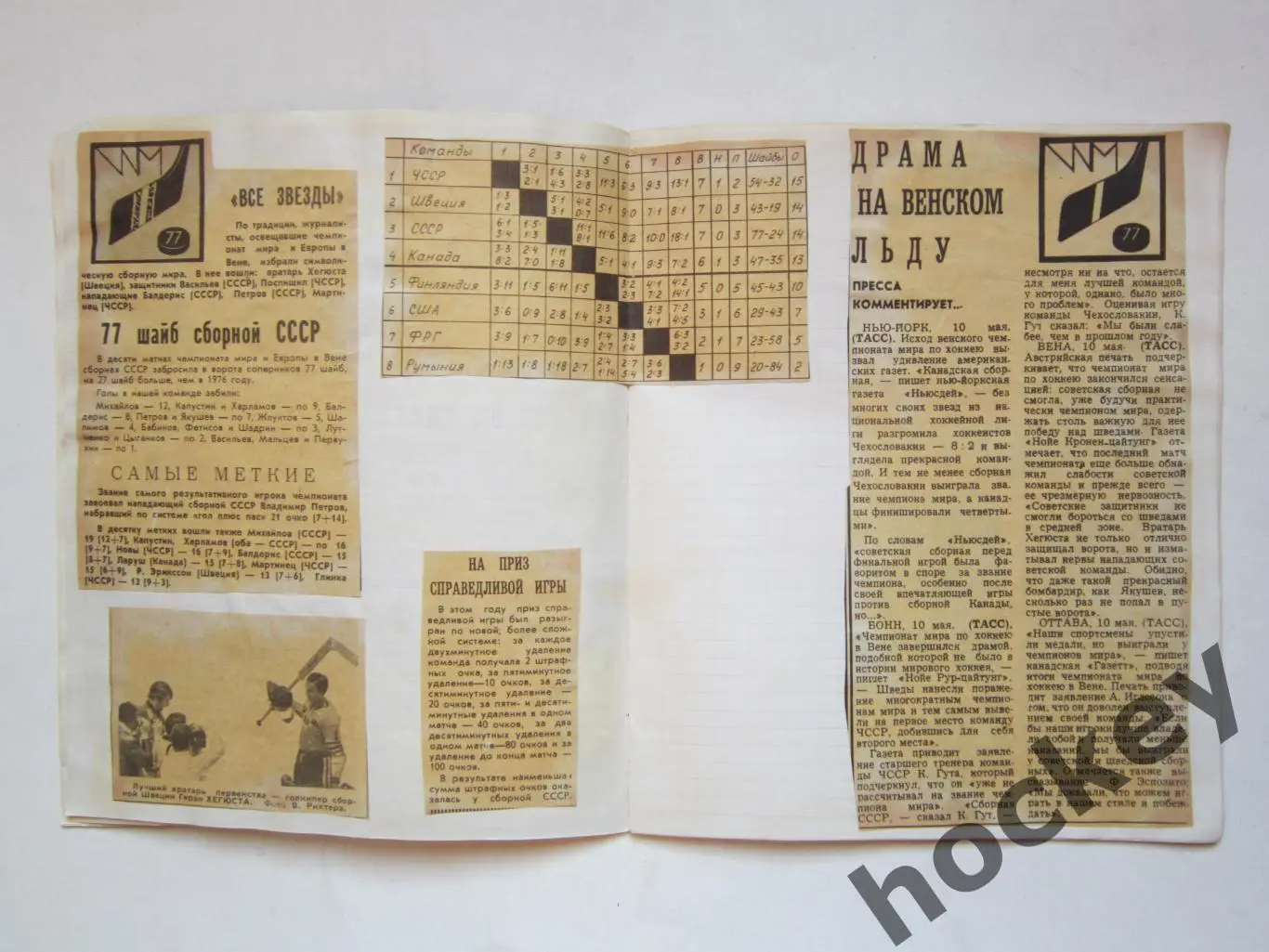 Чемпионат мира - 77 (хоккей). Тетрадь с вырезками из газет. Цифры, таблица. ч.2 5