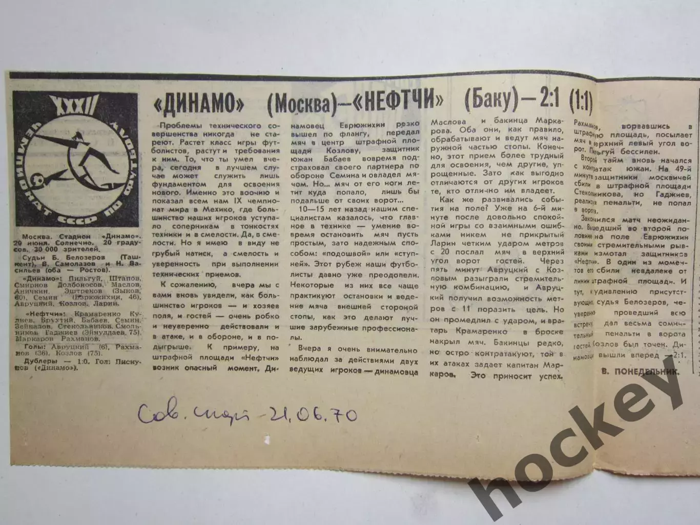 Динамо Москва - Нефтчи Баку - 2:1. 20.06.1970. Отчет из газеты Советский спорт