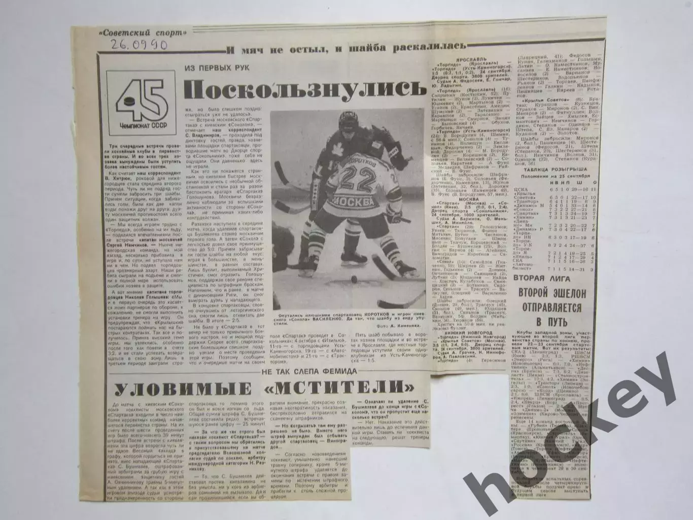 Хоккей. Обзор игр 45-го чемпионата СССР из газеты Советский спорт за 26.09.1990