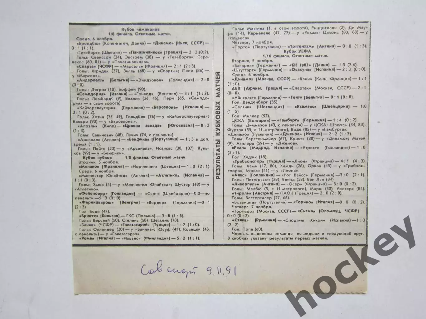 Футбол. Результаты кубковых матчей. Вырезка из газеты Советский спорт 9.11.91