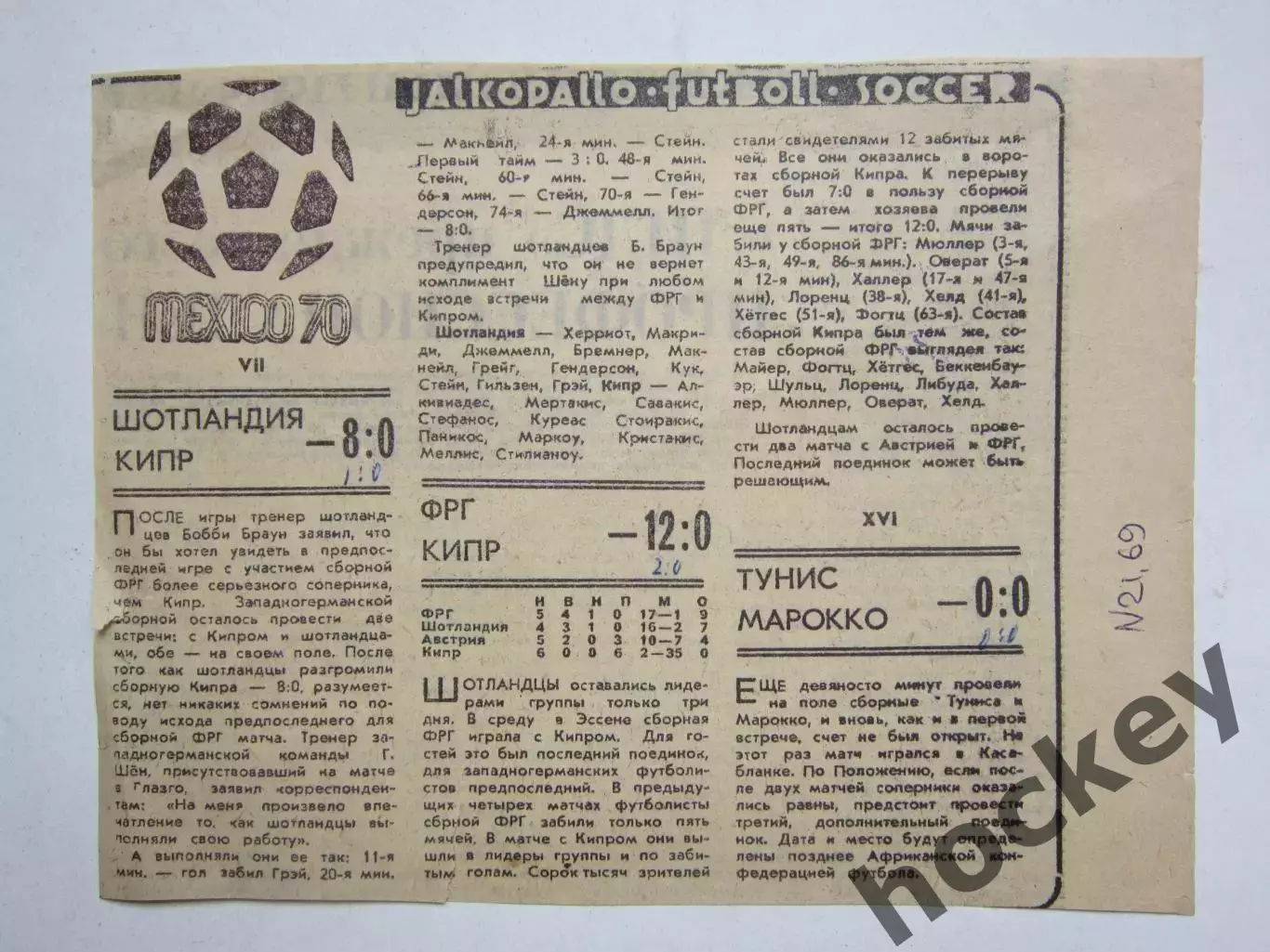 Вырезка. Футбол. Отборочные матчи к ЧМ-1970. Вырезка из газеты Футбол-Хоккей