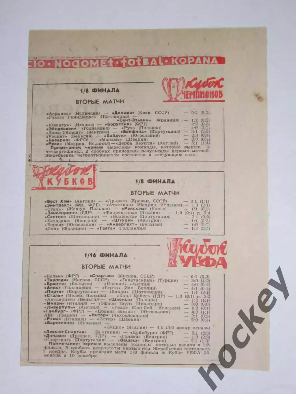 Вырезка. Футбол. Результаты матчей Еврокубков (1975 год)