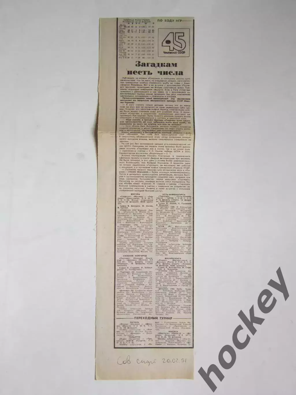 Хоккей. 45-й чемпионат СССР. Составы, статистика. Вырезка из Сов.спорта 20.02.91