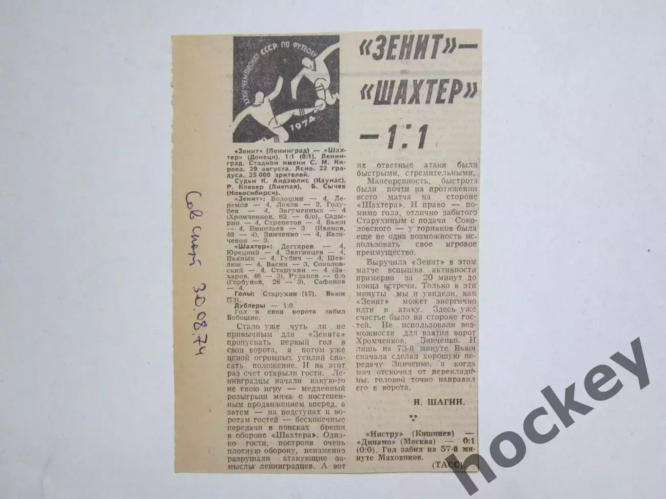 Зенит Ленинград - Шахтер Донецк-1:1. 29.08.74. Отчет из газеты Советский Спорт