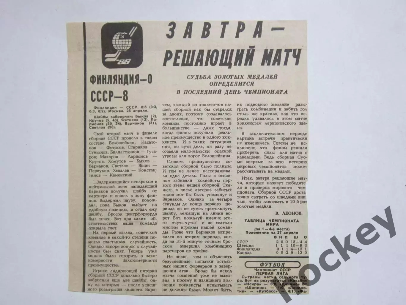 Финляндия-СССР - 0:8. Хоккей. Чемпионат мира-1986. Вырезка из Советского спорта