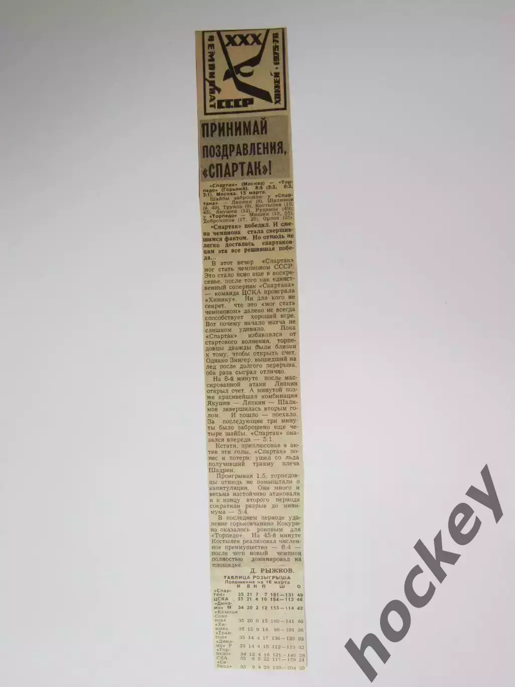 Вырезка. Хоккей. Чемпионат СССР. Спартак-Торпедо 8:5. Спартак - чемпион 1976!