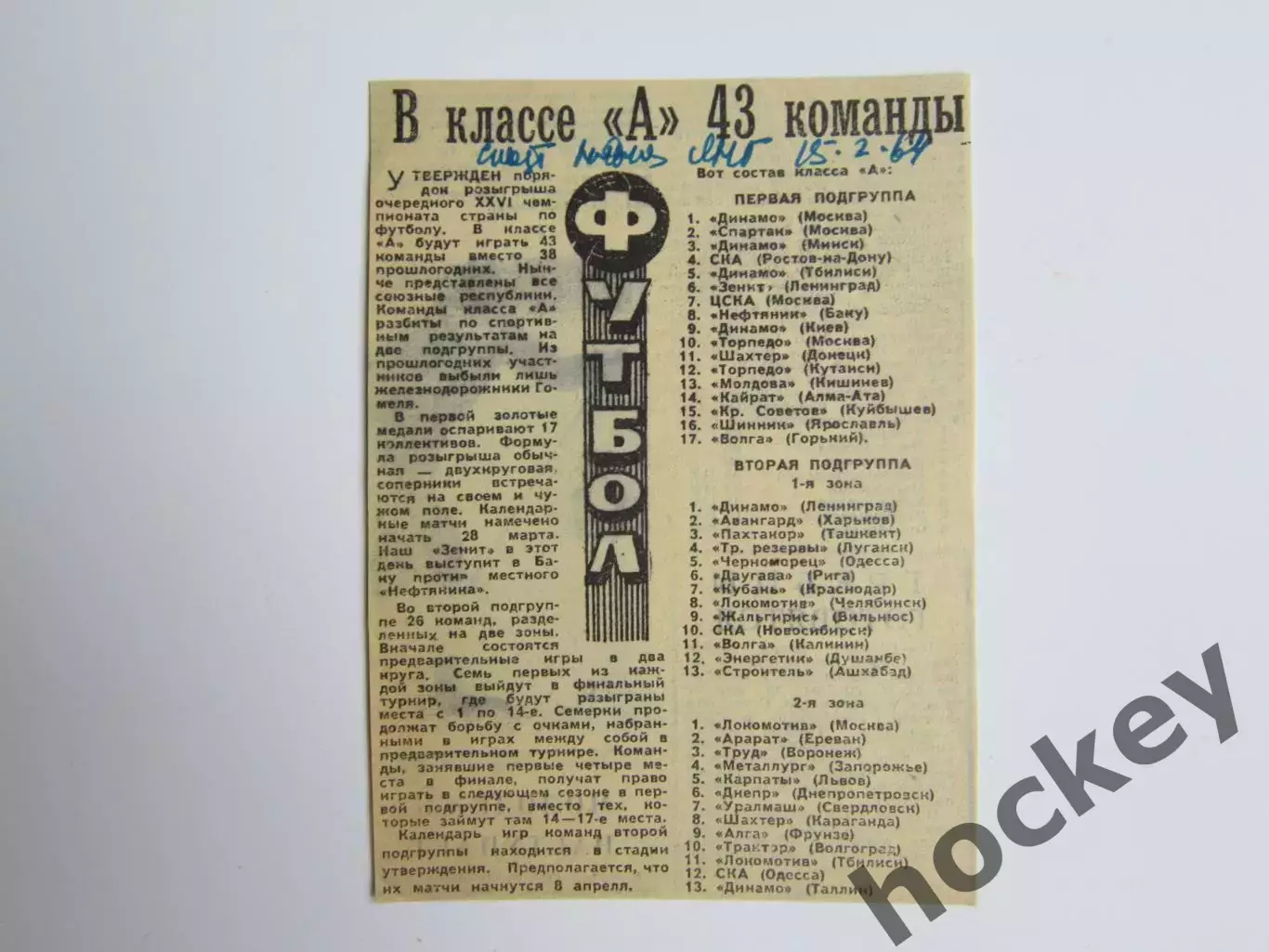 Вырезка. Футбол. В классе А 43 команды (1964 год)