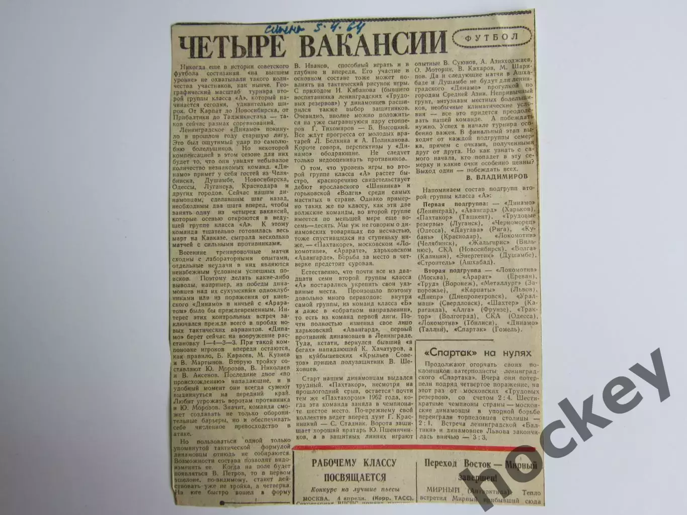 Вырезка. Футбол. Четыре вакансии (1964 год)