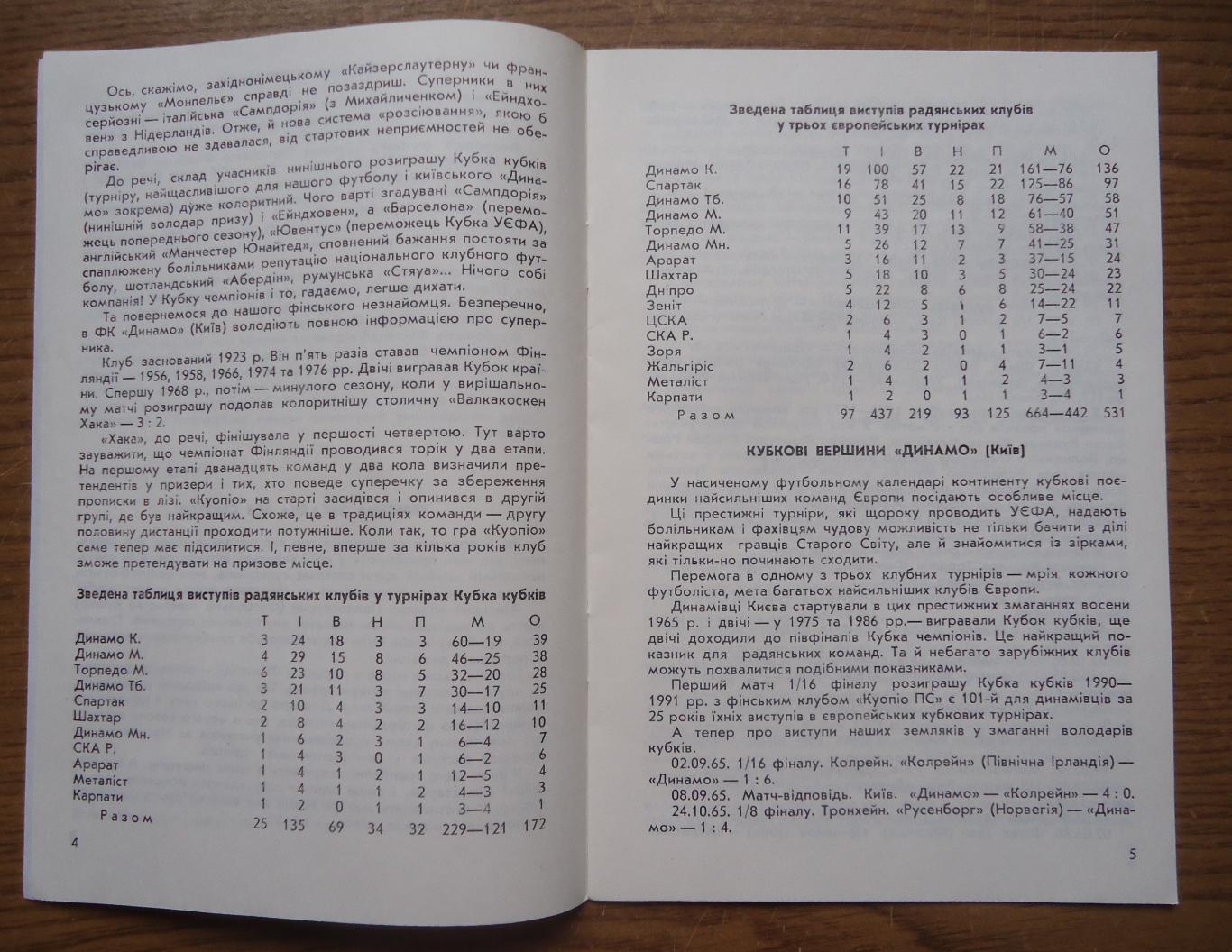 Программа Динамо Киев - Куопио Финляндия 3.10.1990 1/16 Официальная 3