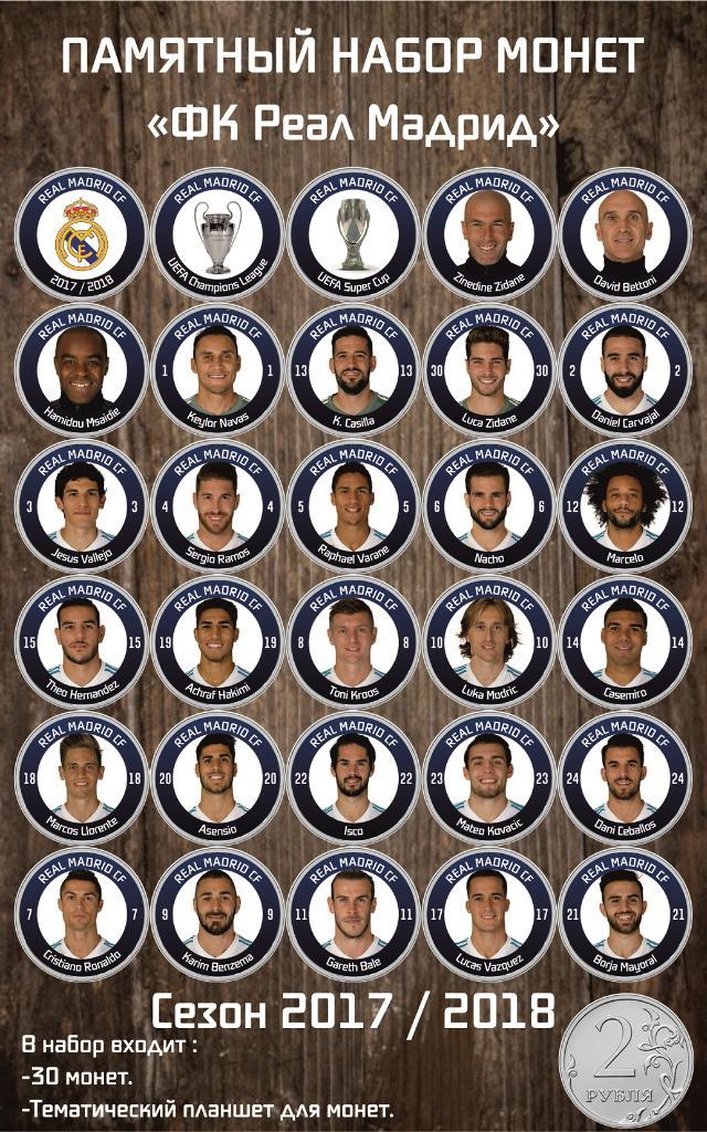 Подарочный набор монет ФК Реал Мадрид Сезон 2017-2018 2