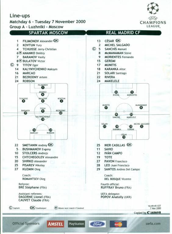 прайс-лист спартак (Москва) - реал (Мадрид) 2000 г.