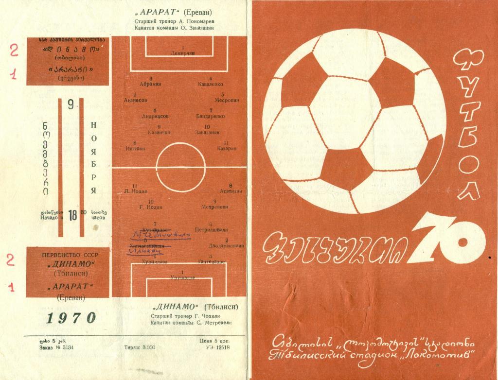 Динамо Тбилиси - Арарат Ереван - 1970 г.