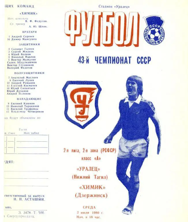 уралец (Н. Тагил)-химик (Дзержинск) 1980 г.