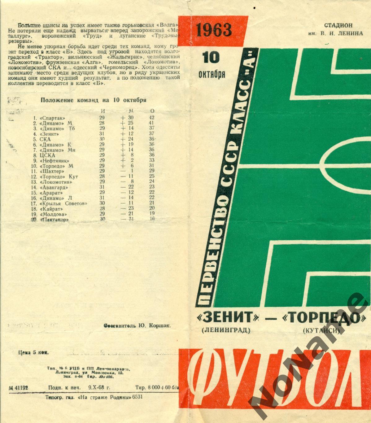 Зенит Ленинград - Торпедо Кутаиси 10.10.1963 г.