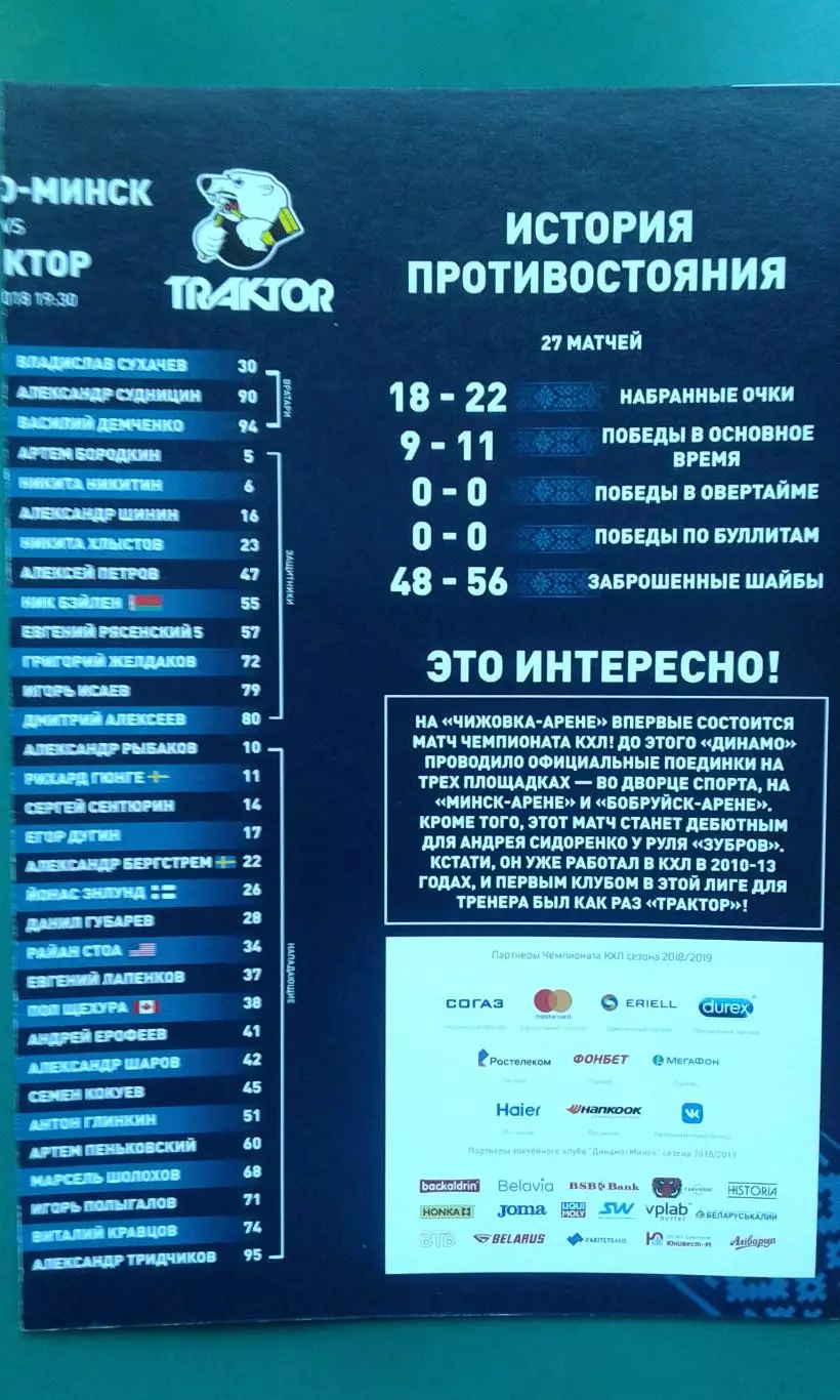 Динамо (Минск)- Трактор (Челябинск) 12 ноября 2018 года.