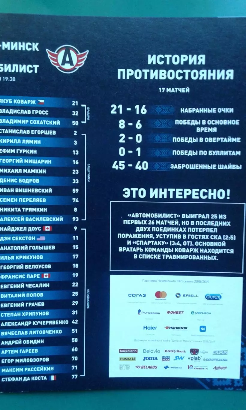 Динамо (Минск)- Автомобилист (Екатеринбург) 16 ноября 2018 года.