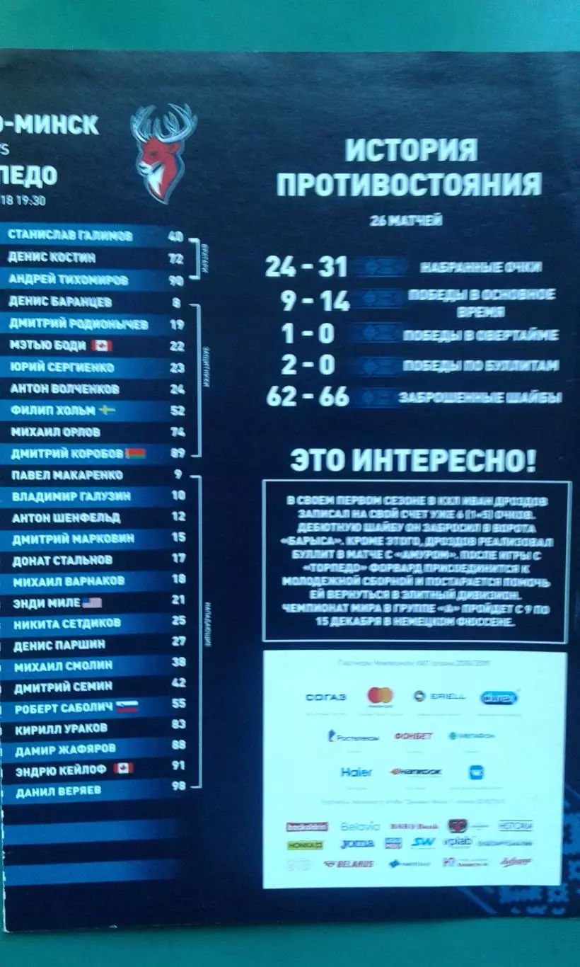 Динамо (Минск)- Торпедо (Нижний Новгород) 6 декабря 2018 года.