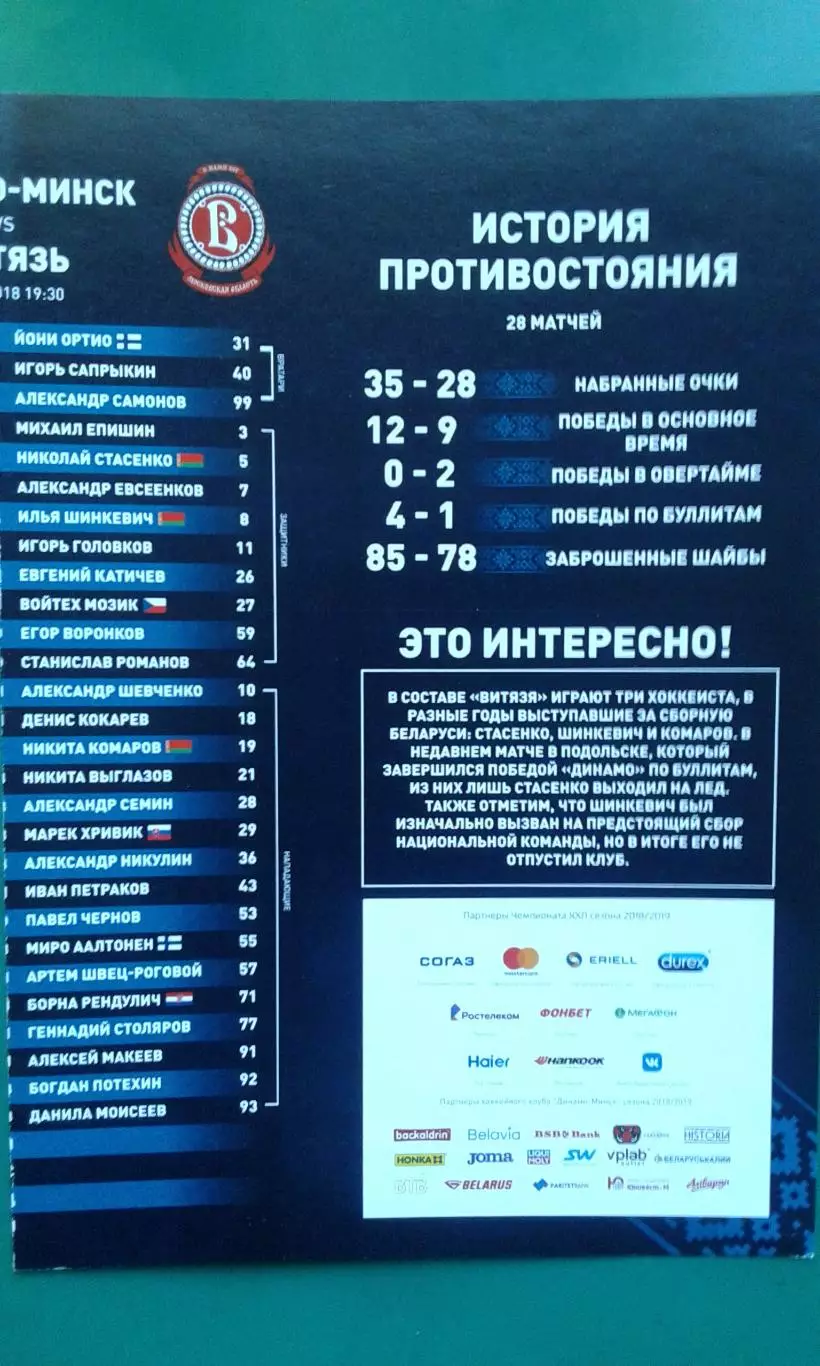 Динамо (Минск)- Витязь (Подмосковье) 10 декабря 2018 года.