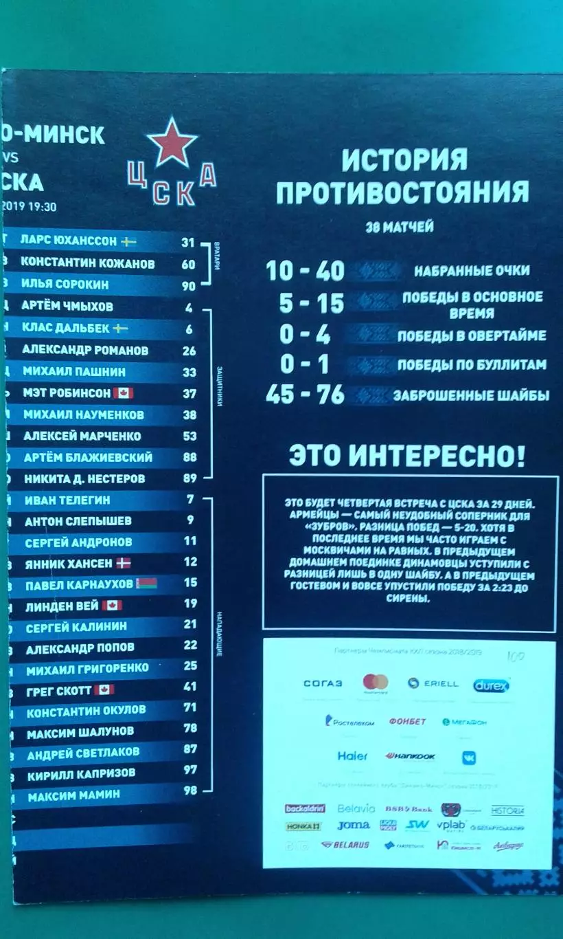 Динамо (Минск)- ЦСКА (Москва) 4 февраля 2019 года.
