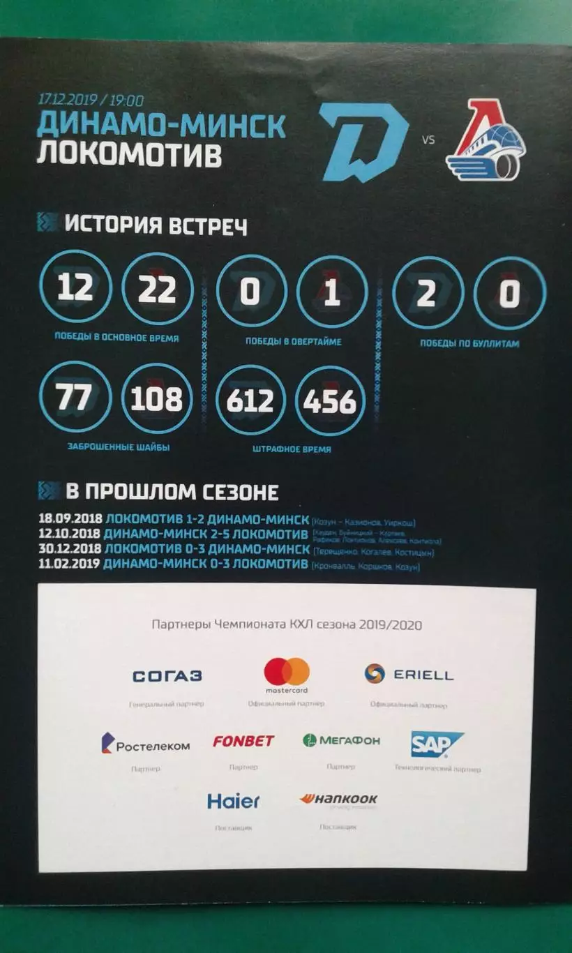 Динамо (Минск)- Локомотив (Ярославль) 17 декабря 2019 года.