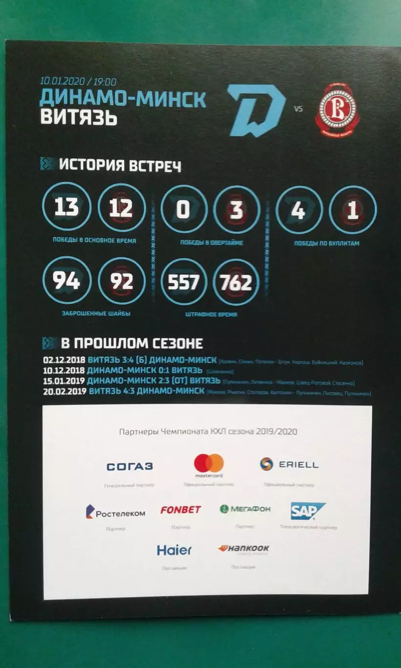 Динамо (Минск)- Витязь 10 января 2020 года.