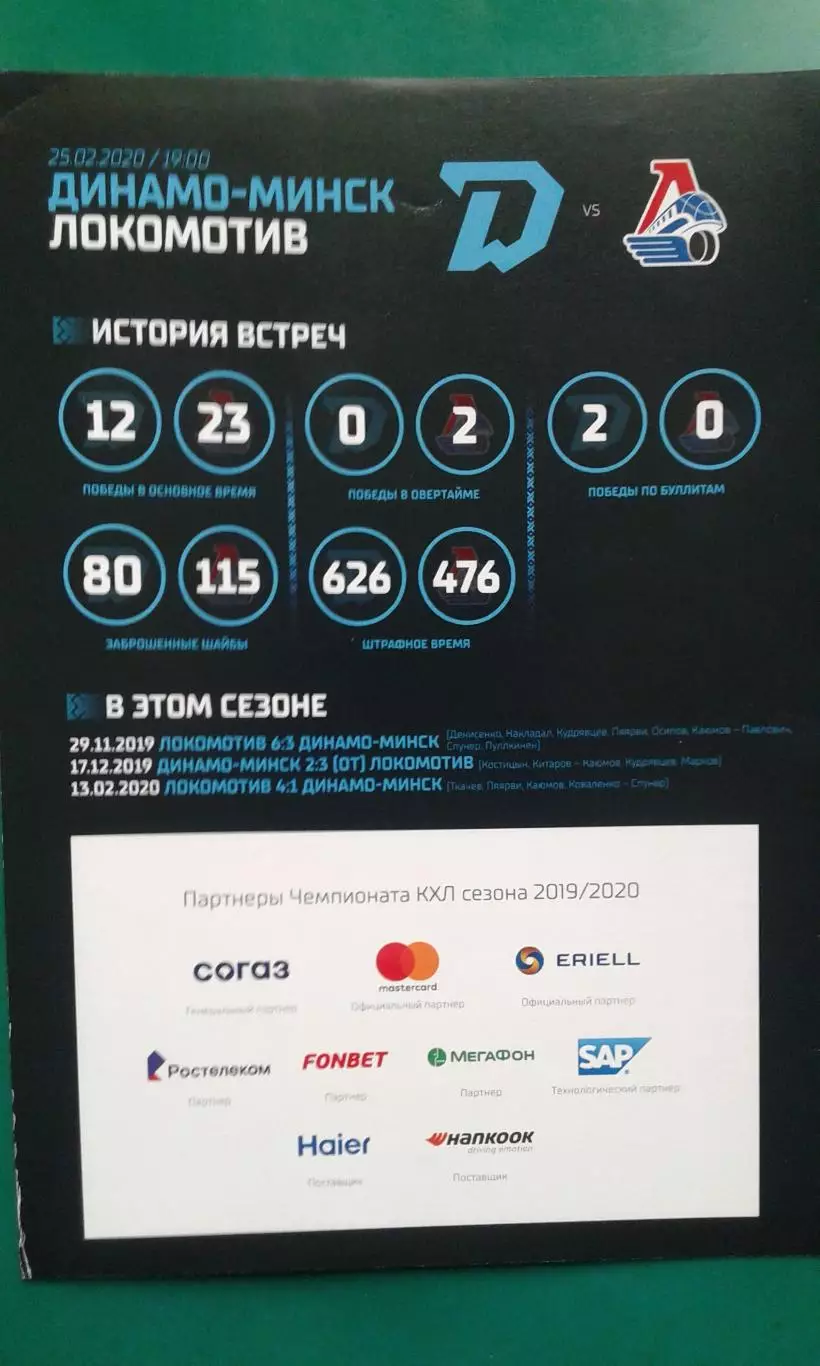 Динамо (Минск)- Локомотив (Ярославль) 25 февраля 2020 года.