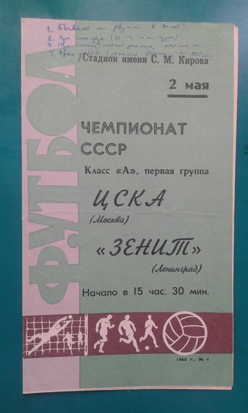 Зенит (Ленинград)- ЦСКА (Москва) 2 мая 1968 года.