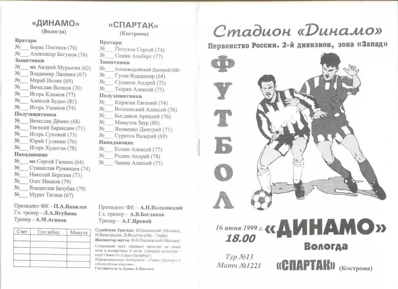Динамо Вологда - Спартак Кострома 16.06.1999 г.