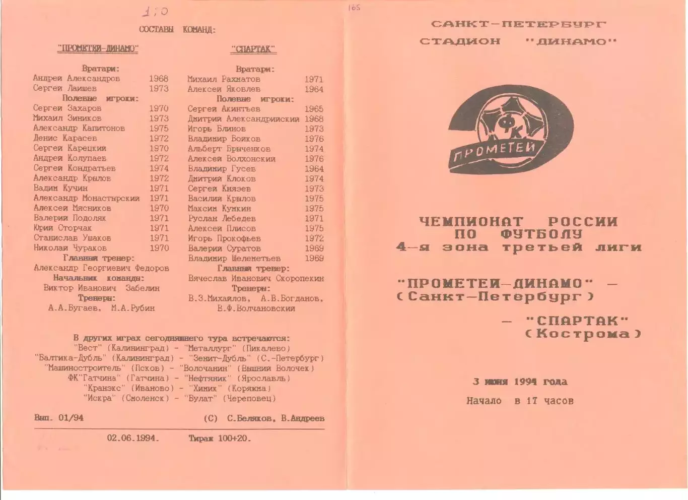 Прометей-Динамо Санкт-Петербург - Спартак Кострома 03.06.1994 г.