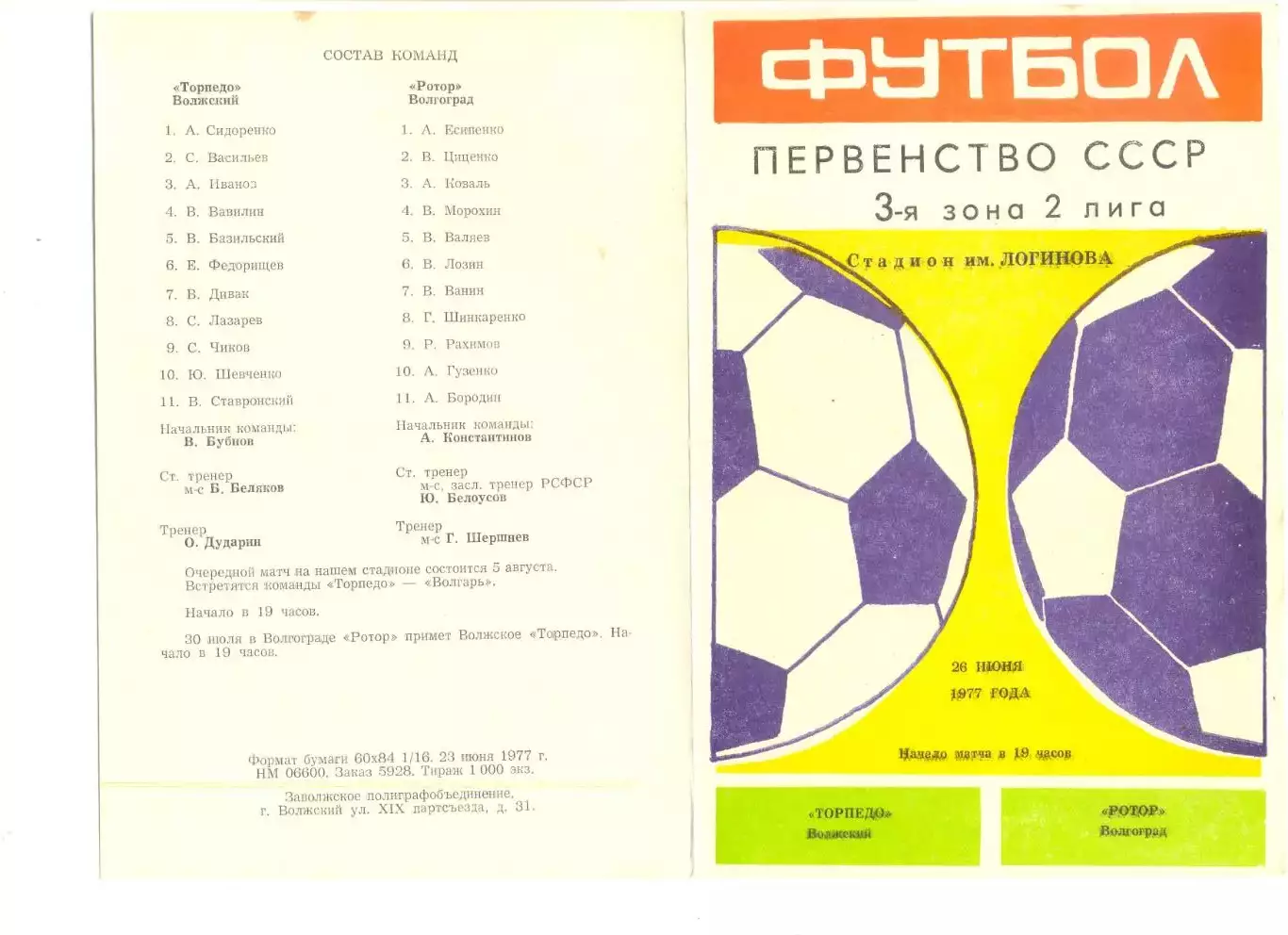 Торпедо Волжский - Ротор Волгоград 26.06.1977 г.