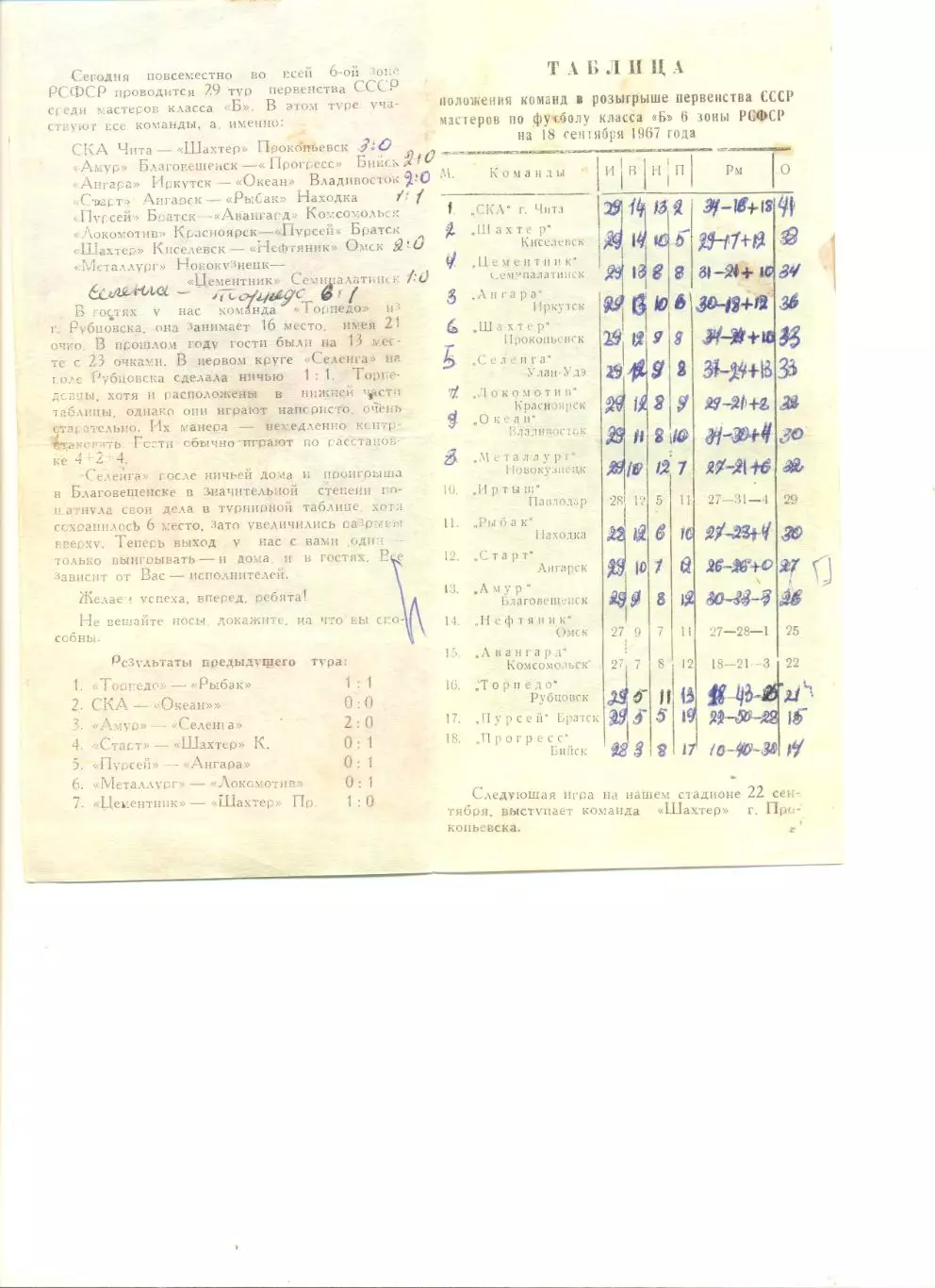 Селенга Улан-Удэ - Торпедо Рубцовск 18.09.1967 г. 1