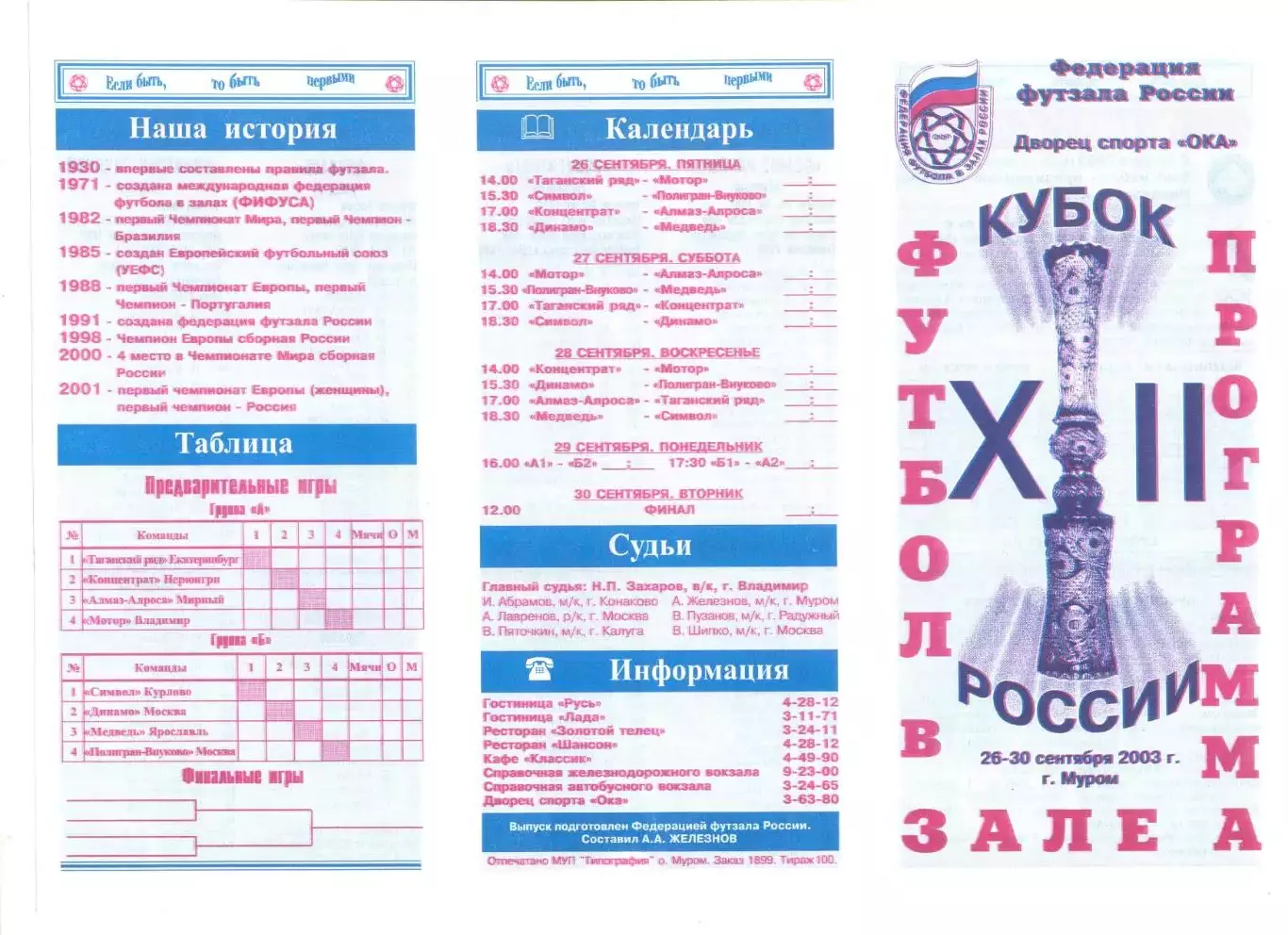 Кубок России по футзалу.26-30.09.2003 г. Муром. Участники на скане.